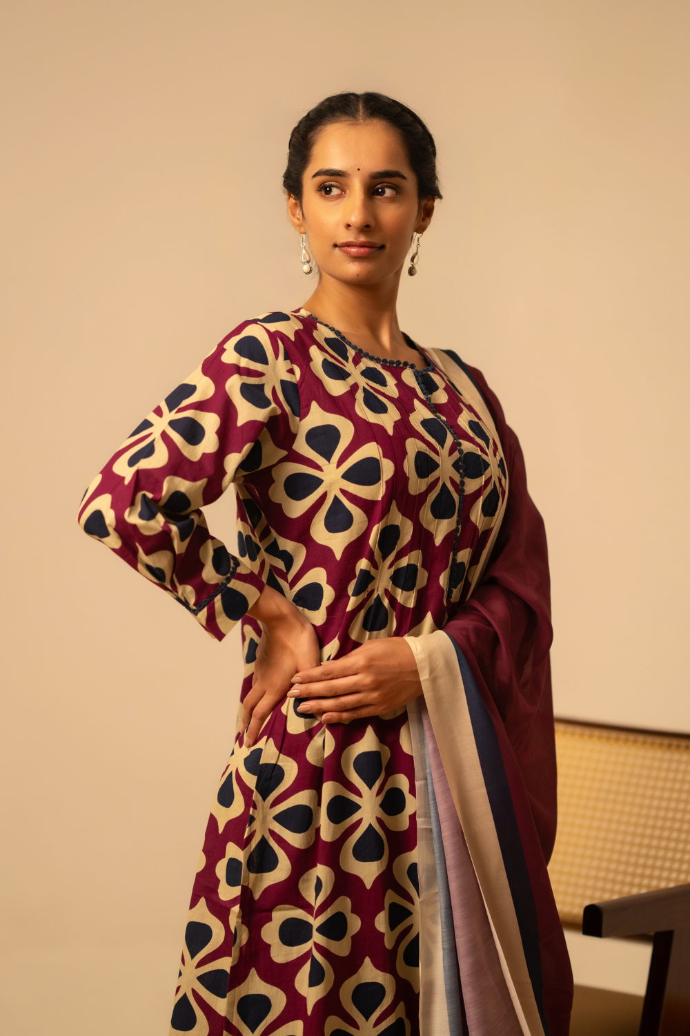 Maroon Geometric Printed Cotton Suit Set