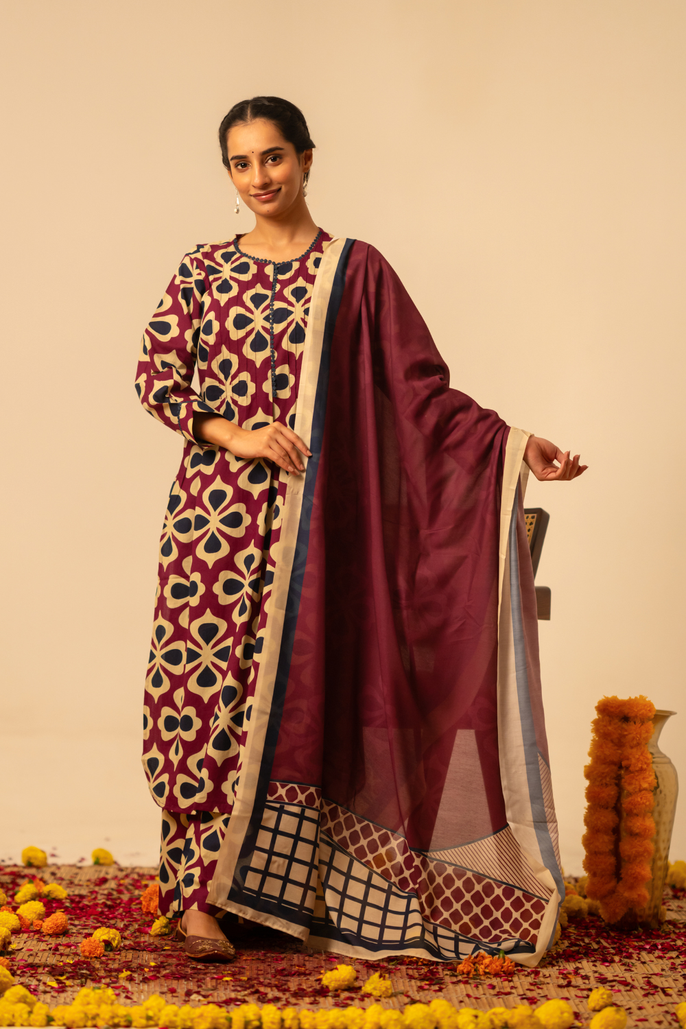 Maroon Geometric Printed Cotton Suit Set