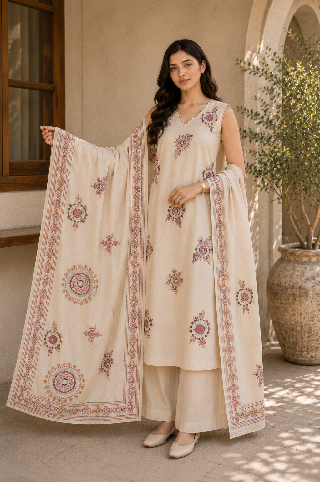Linen Cotton Suit Set with Embroidered Detailing
