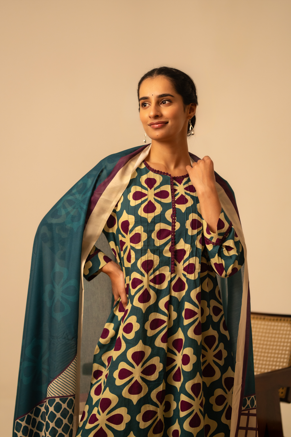 Bottle Green Geometric Printed Cotton Suit Set