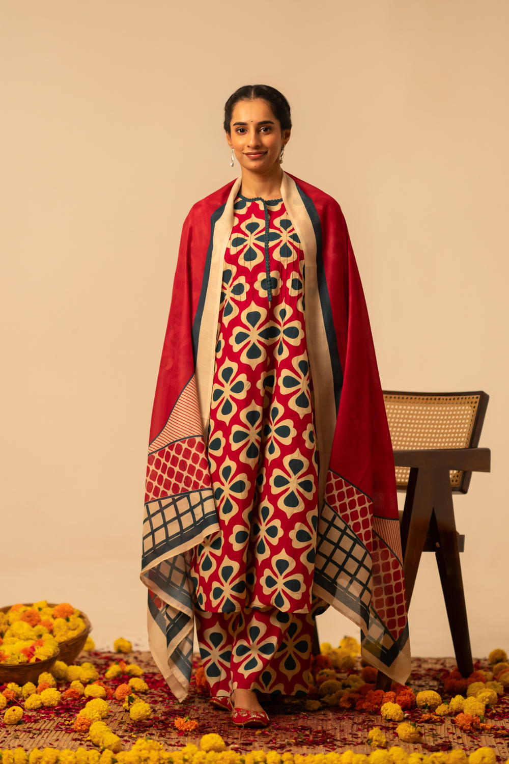 Crimson Red Geometric Printed Cotton Suit Set