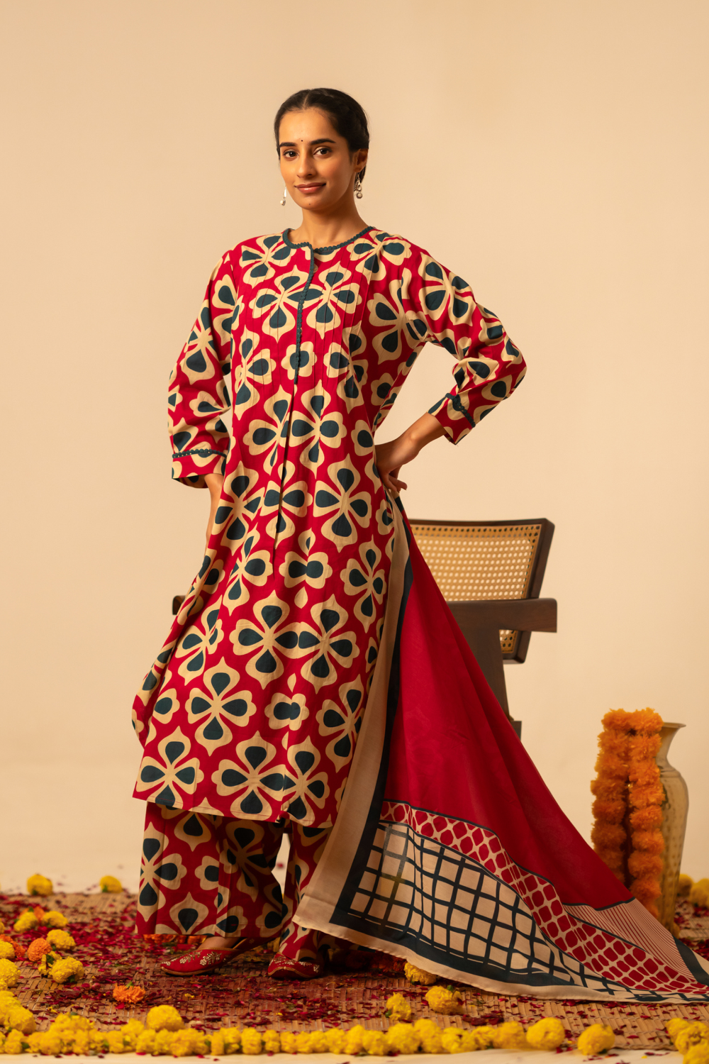 Crimson Red Geometric Printed Cotton Suit Set