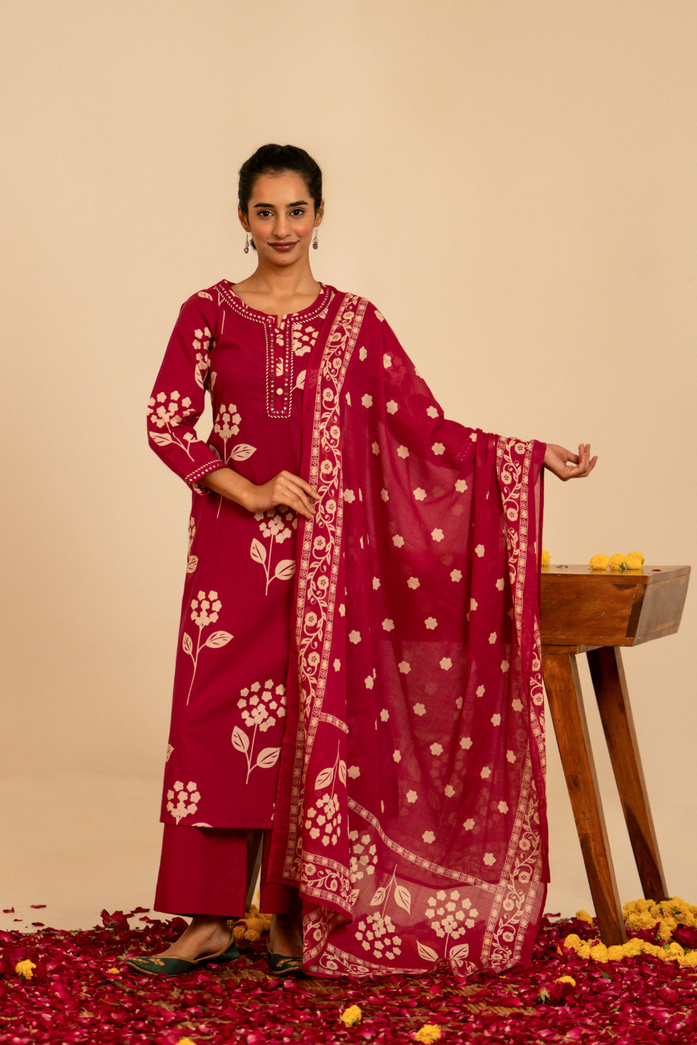 Pink Floral Printed Cotton Suit Set