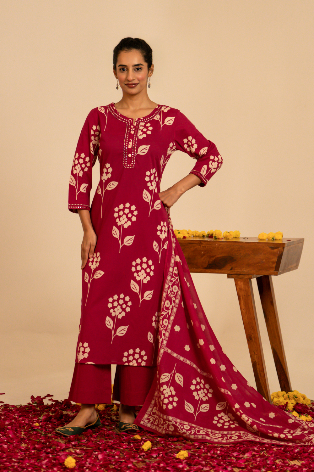 Pink Floral Printed Cotton Suit Set