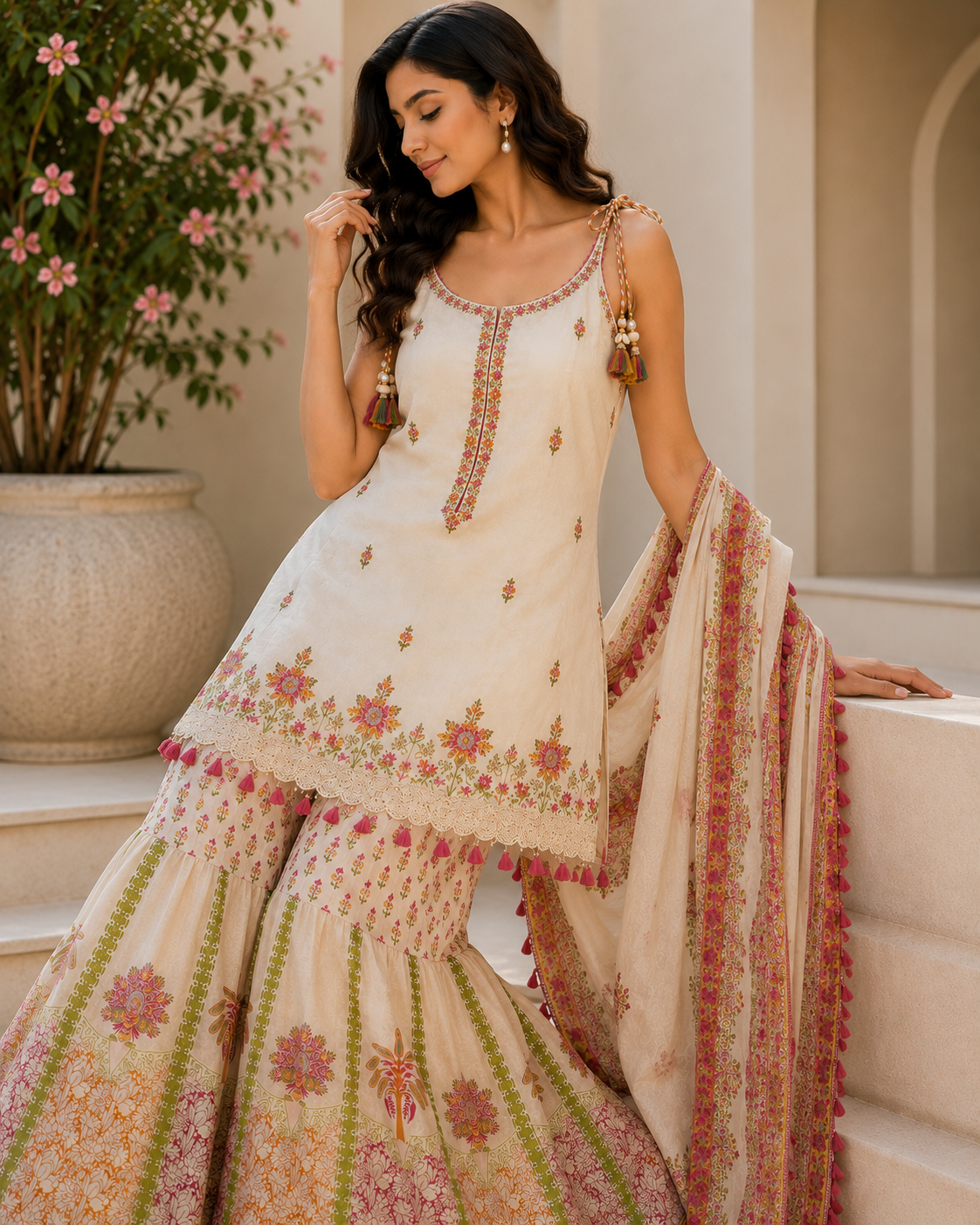 Printed Cotton Kurta Sharara Set with Machine Work