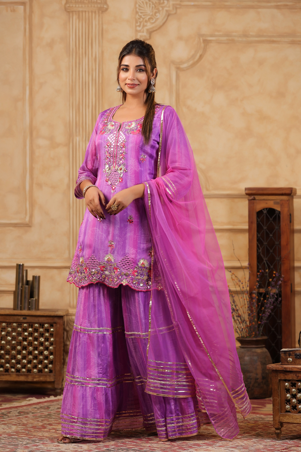 Lavender Pure Chinon Sharara Set with Intricate Gota Work