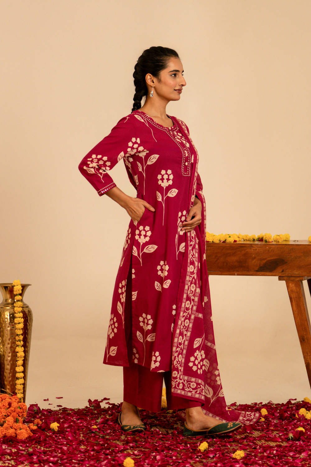 Pink Floral Printed Cotton Suit Set