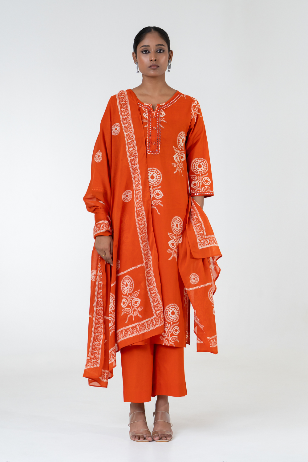 Orange Printed Cotton Suit Set with Lace Detailing