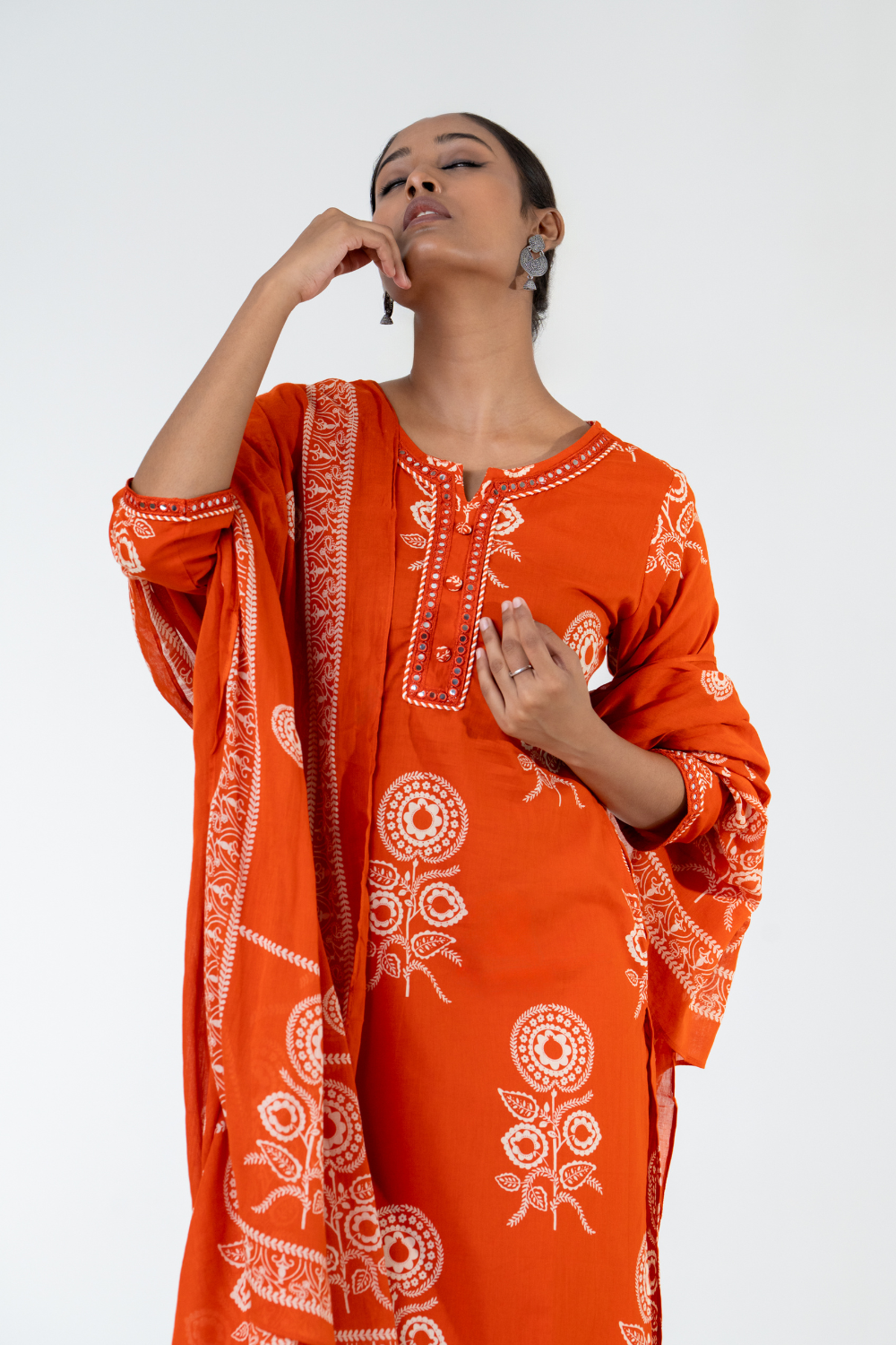 Orange Printed Cotton Suit Set with Lace Detailing