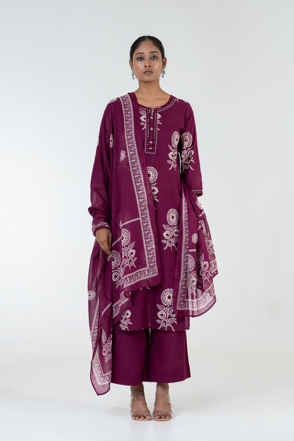 Purple Printed Cotton Suit Set with Lace Detailing