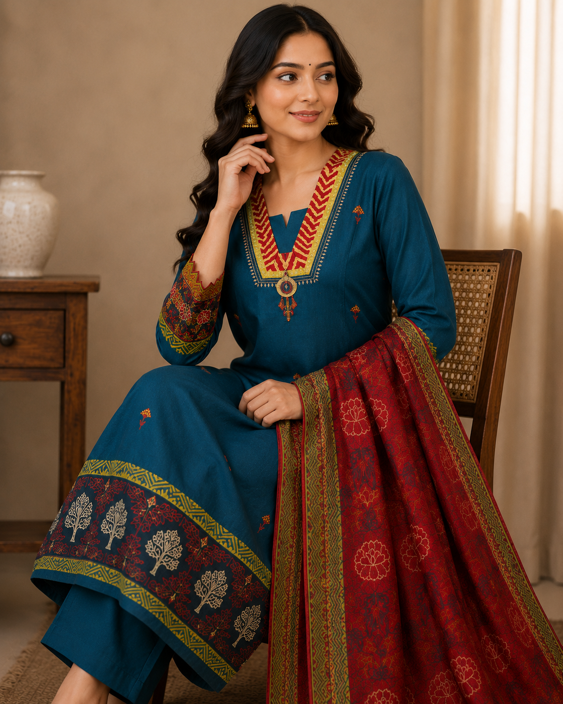 SILK SUIT SET WITH LACE WORK & BANARASI DUPATTA