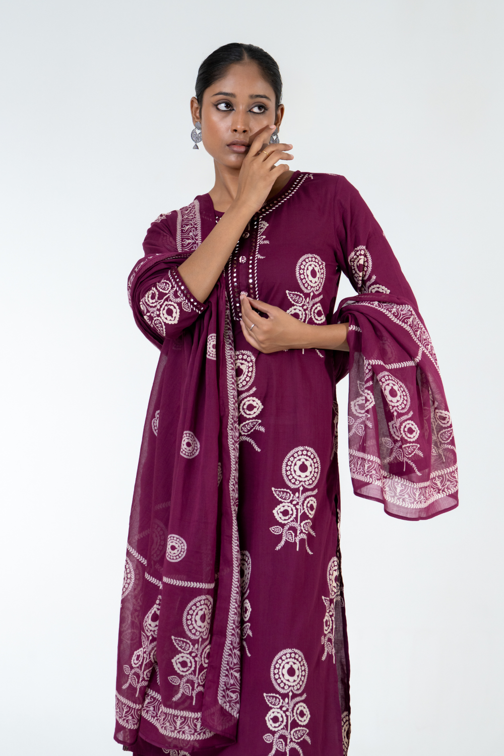 Purple Printed Cotton Suit Set with Lace Detailing