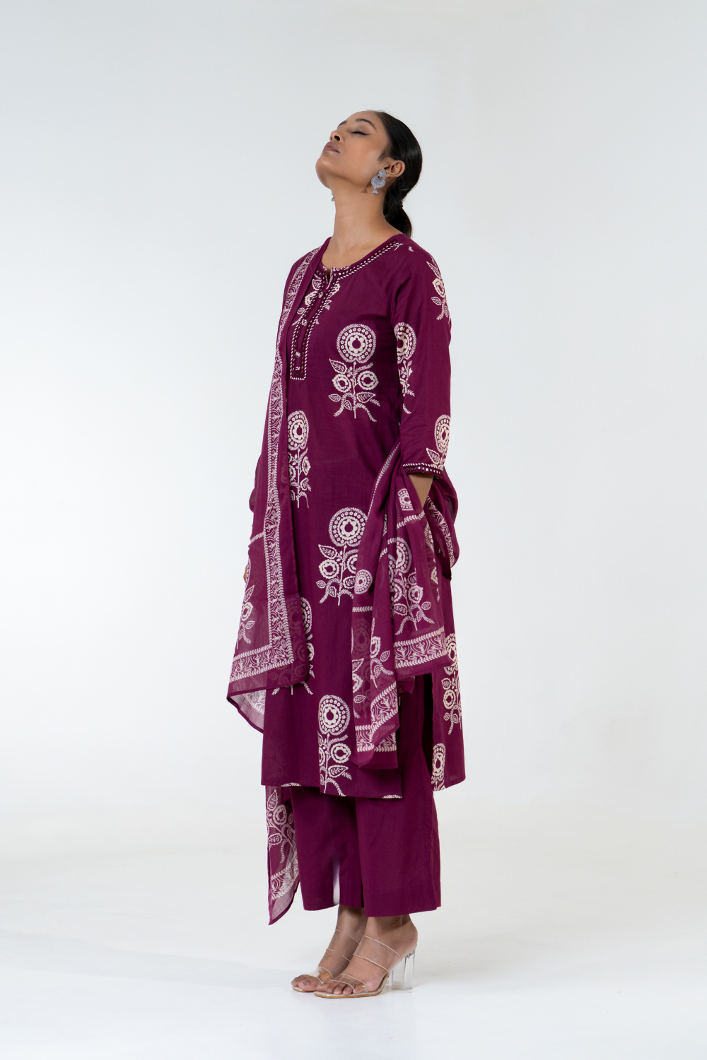 Purple Printed Cotton Suit Set with Lace Detailing