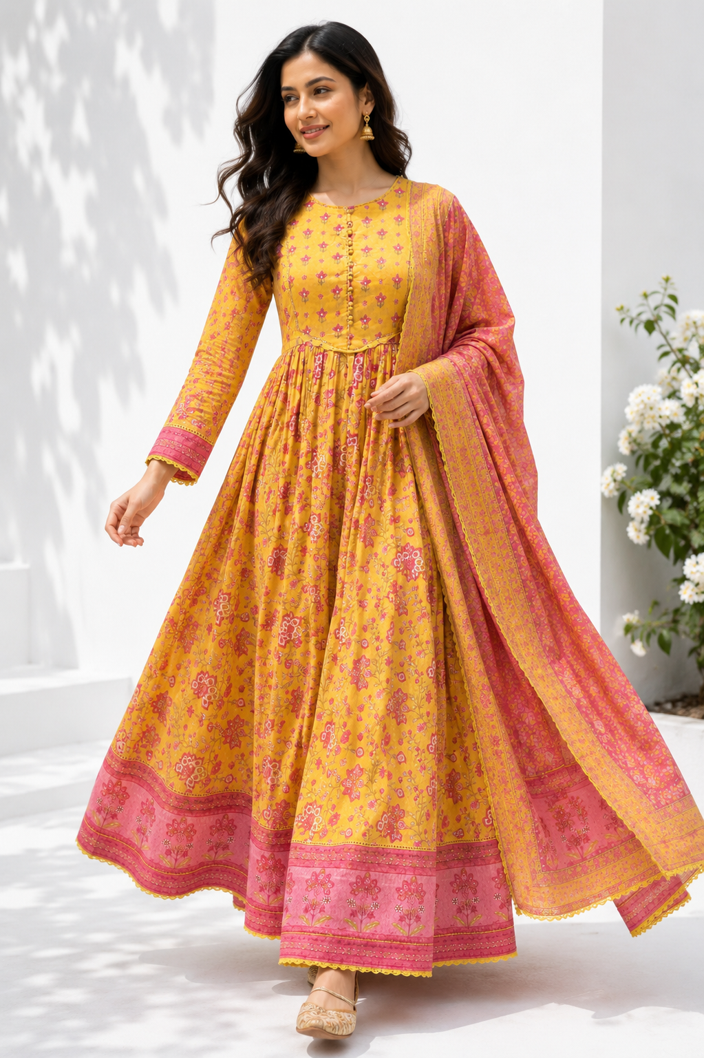Cotton Printed Anarkali Suit Set