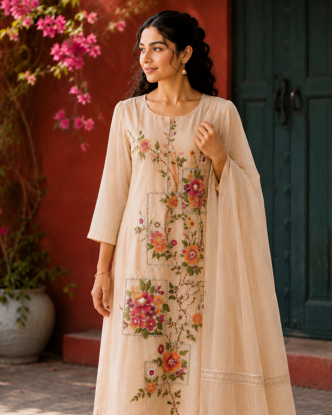 Mul Chanderi Suit with Katha Work & Hand Paint Detailing