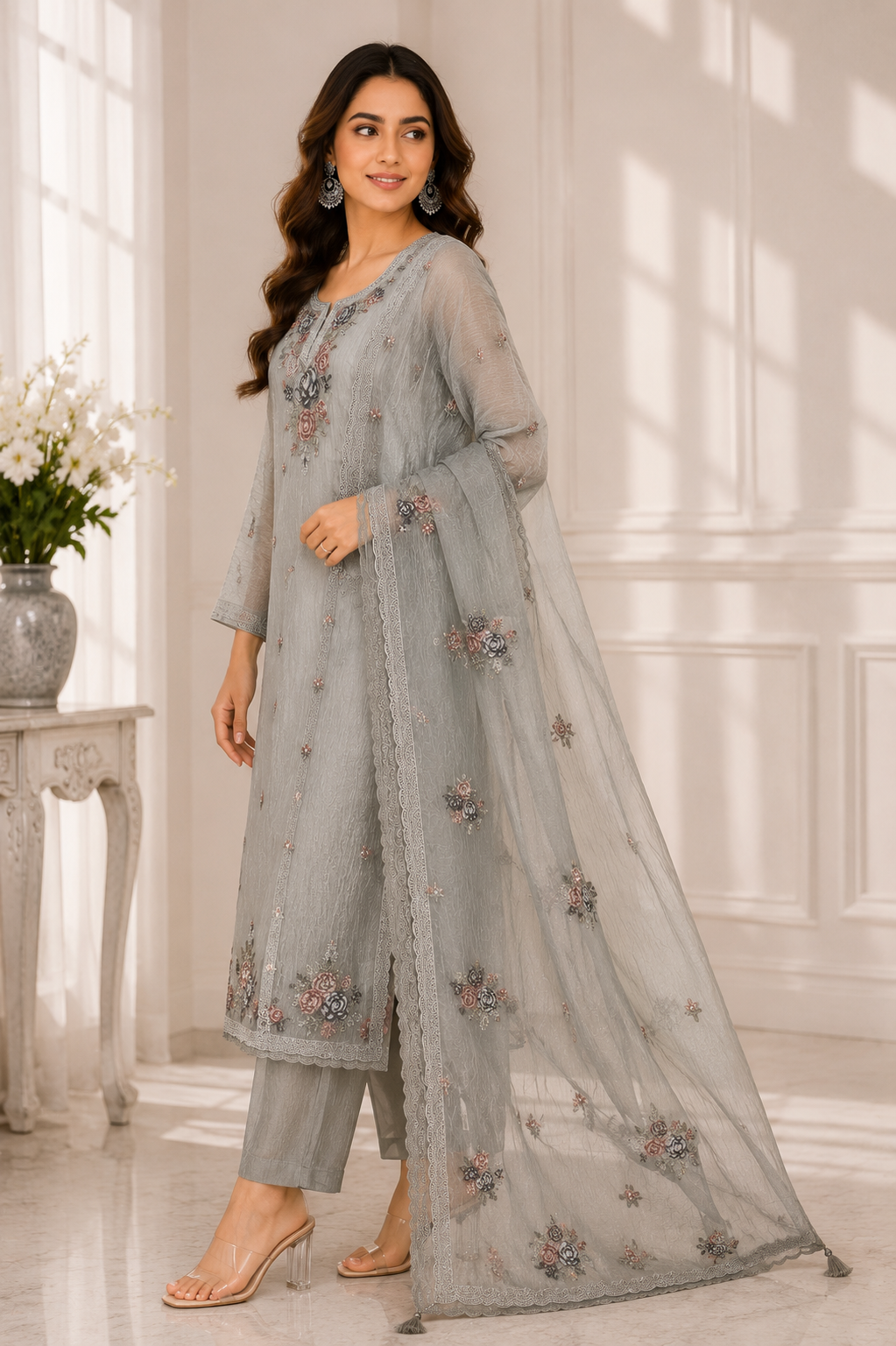 Crust Tissue Suit Set with Machine Embroidery