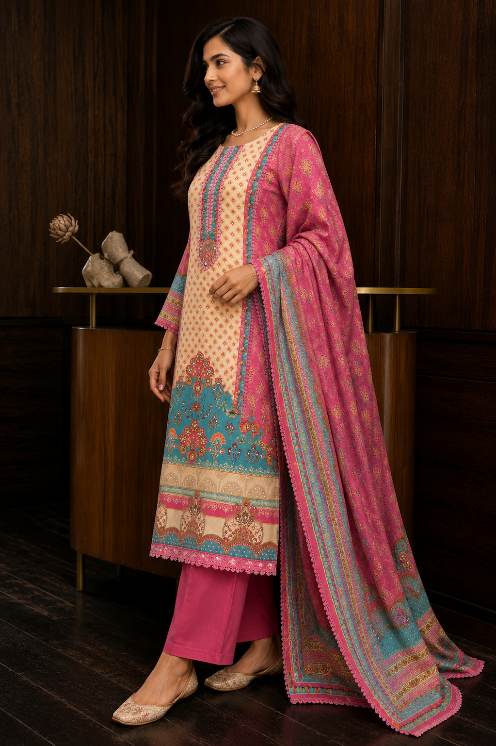 Italian Cotton Suit with Bead & Mirror Work Detailing