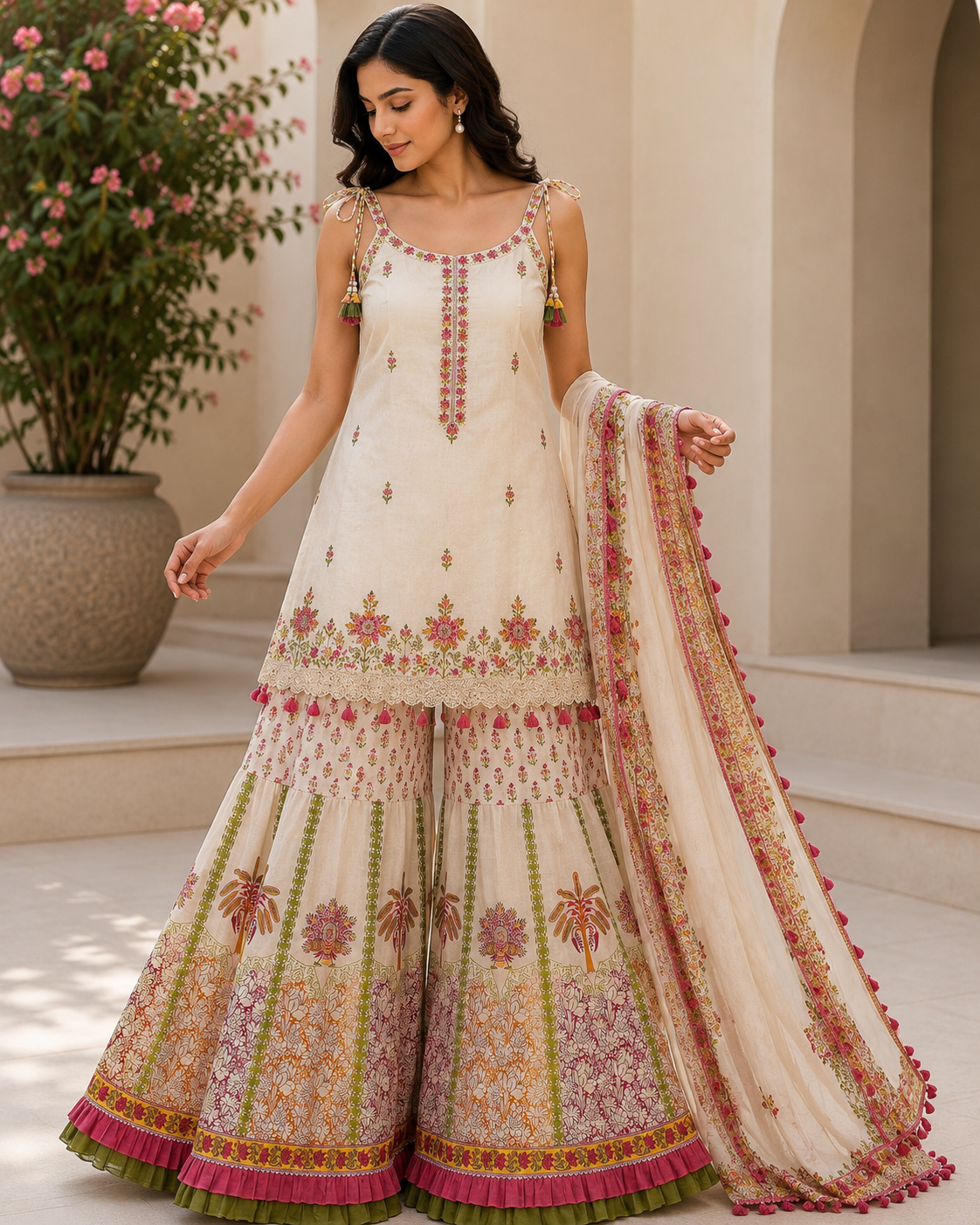 Printed Cotton Kurta Sharara Set with Machine Work