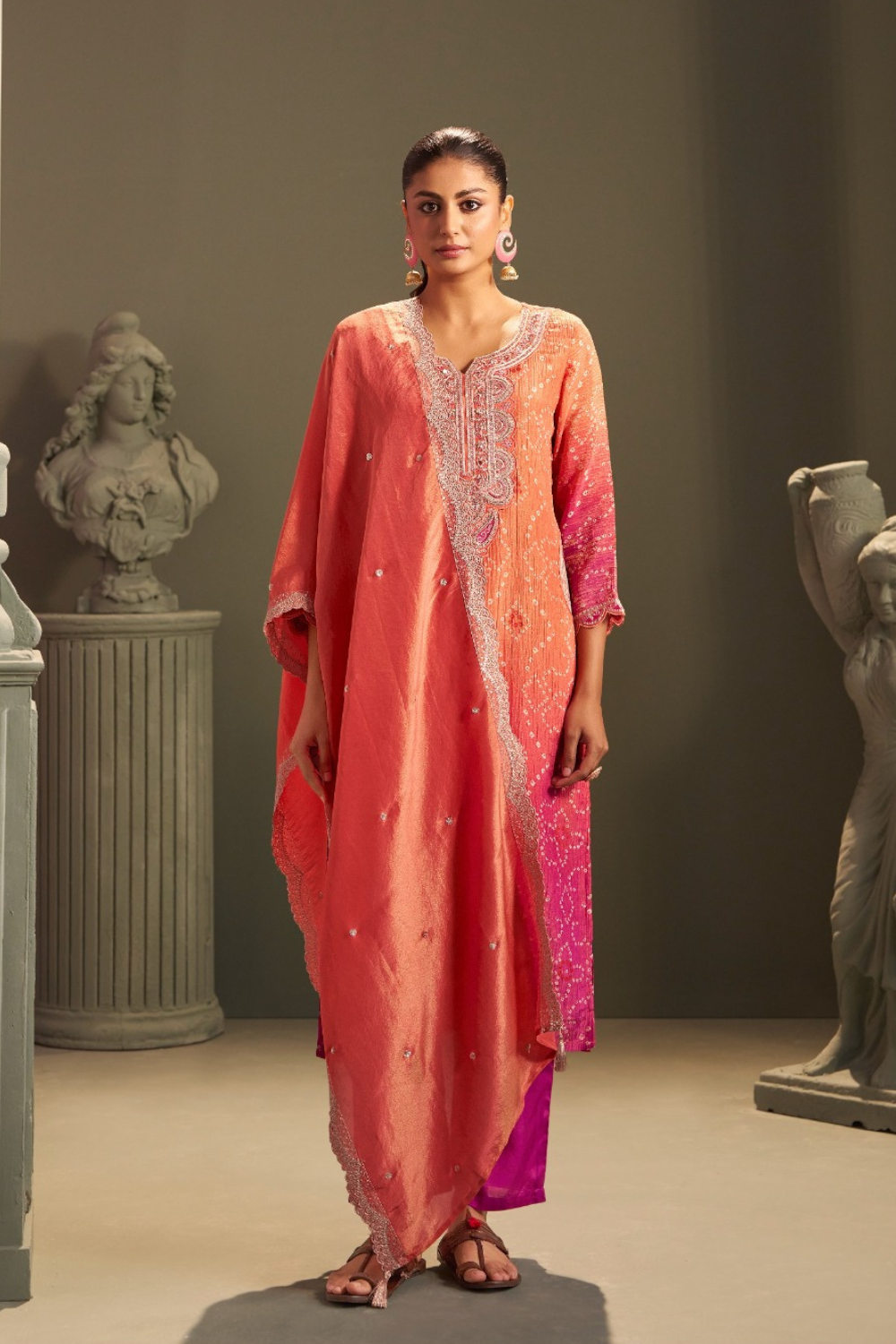 Peach Pink Crushed Tissue Suit with Subtle Handwork