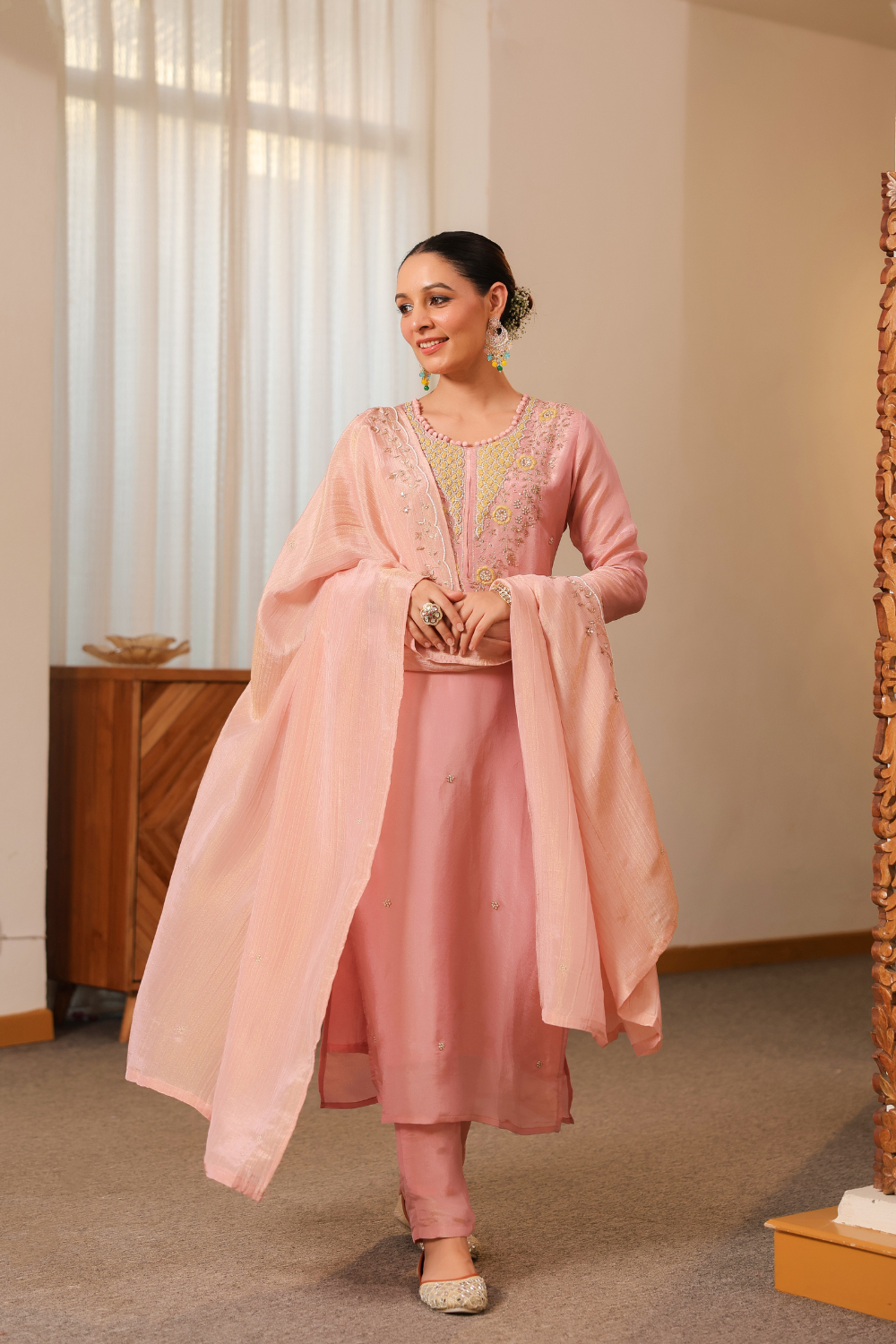 Blush Pink Pure Tissue Suit with Crushed Tissue Dupatta