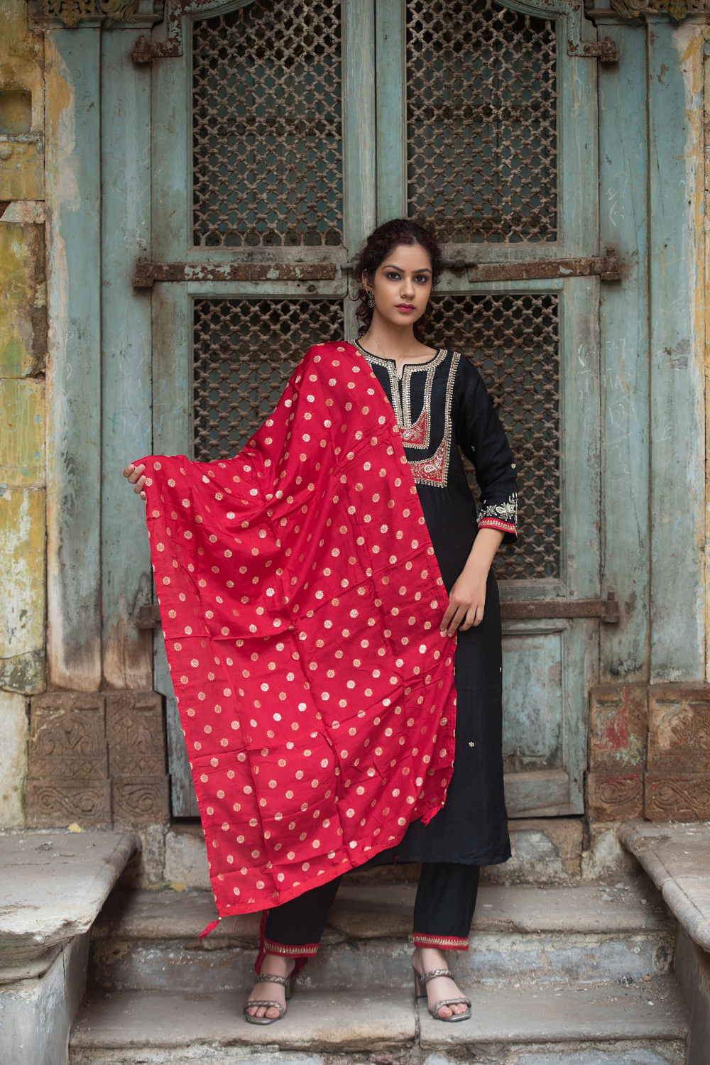Black Dola Silk Suit with Hand-Embroidered Detailing & Banarasi Dupatta
