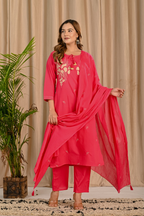 Pink Thread Embroidered Cotton Suit Set