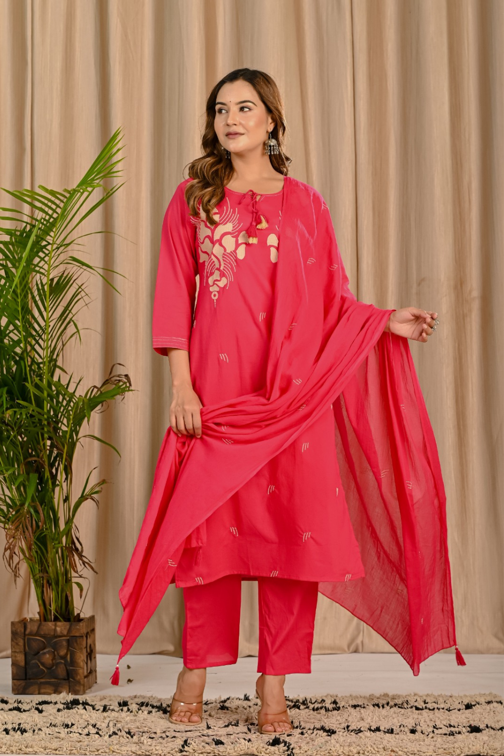 Pink Thread Embroidered Cotton Suit Set