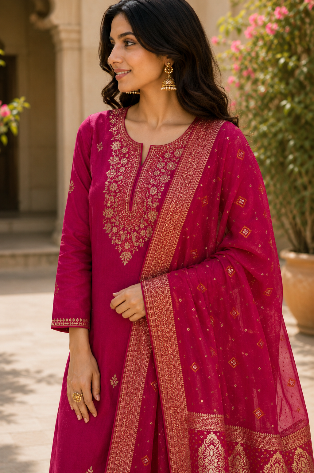 Magenta Silk Suit Set with Banarasi Silk Dupatta