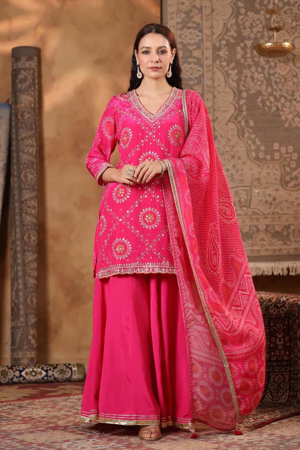 Rani Pink Pure Crepe Sharara Set with Intricate Hand Work
