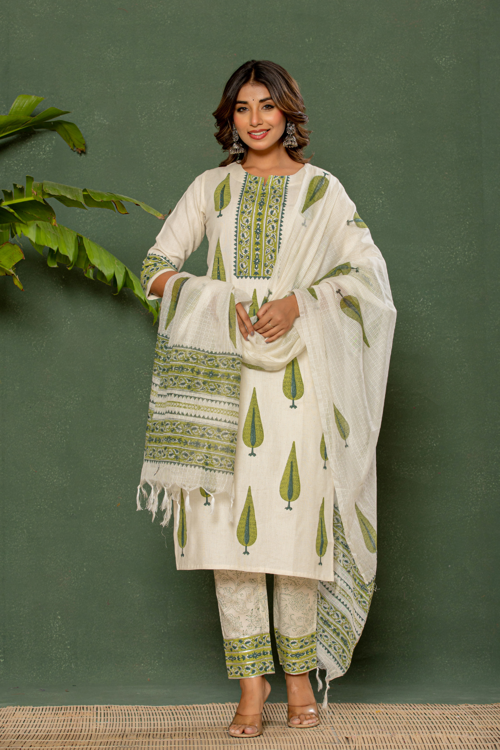 Linen Cotton Suit with Hand Block Print & Kota Doria Dupatta