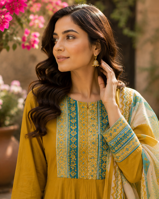 Cotton Anarkali Suit Set with Light Detailing