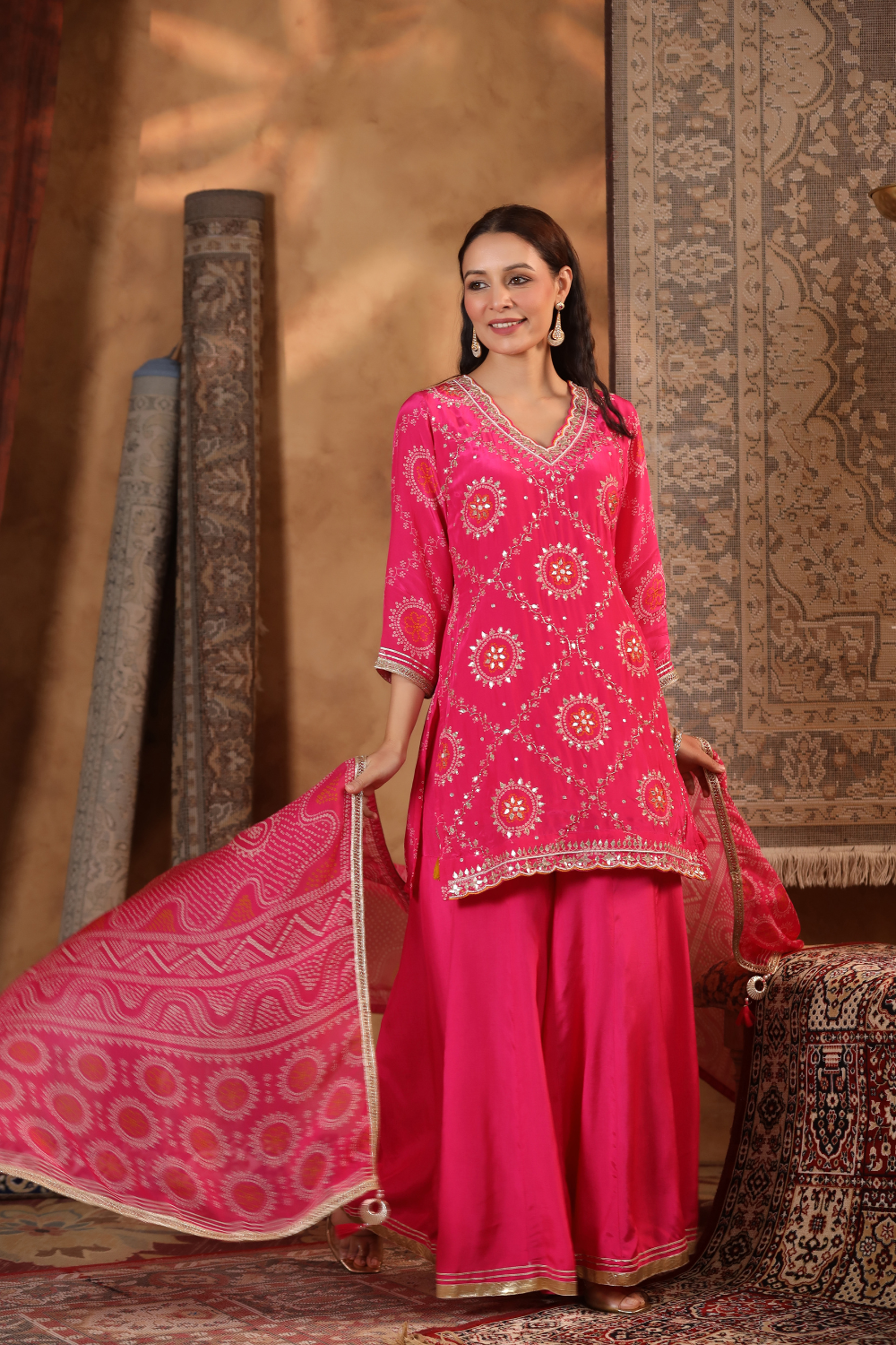 Rani Pink Pure Crepe Sharara Set with Intricate Hand Work