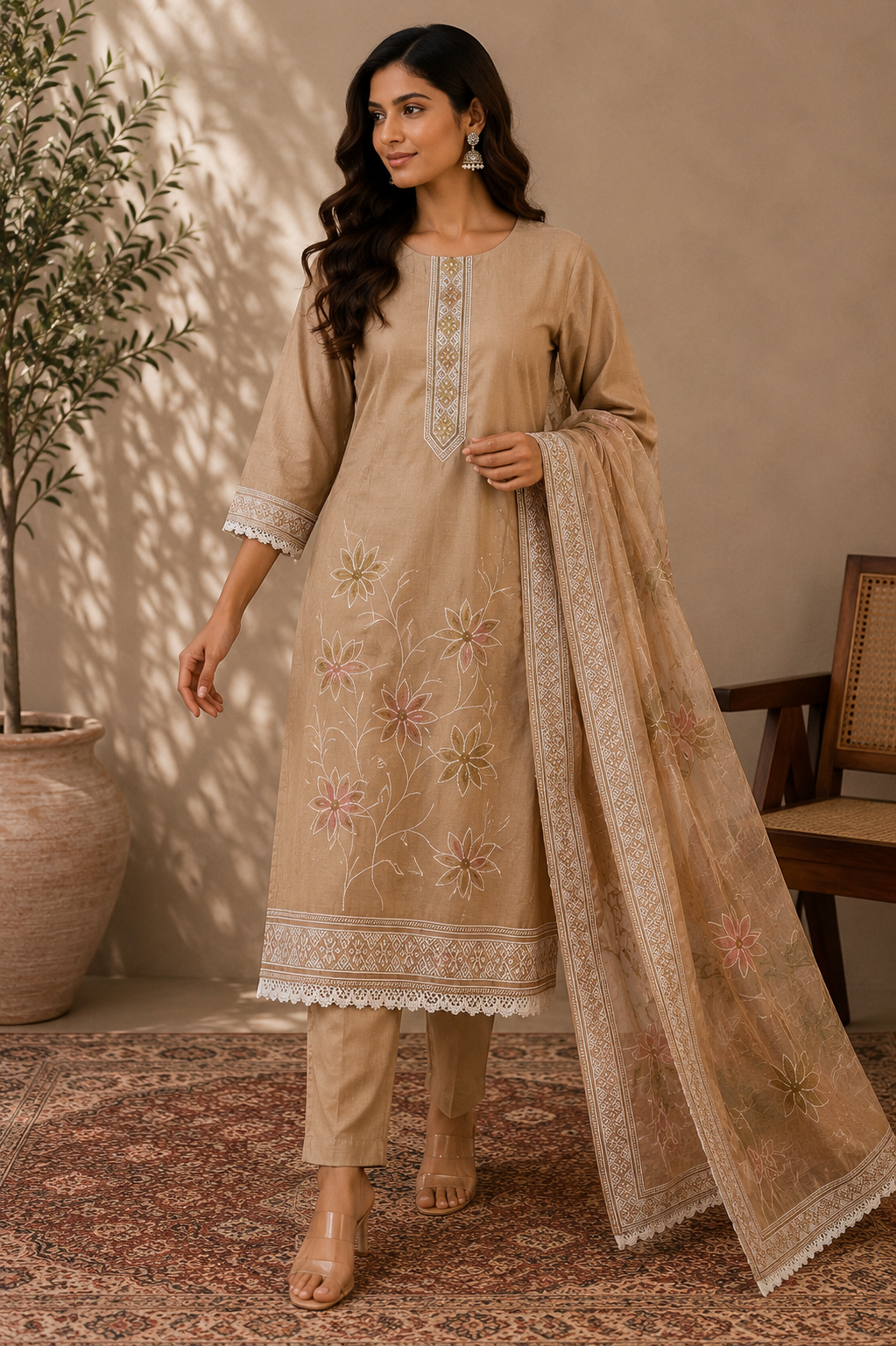 Chanderi Mirror & Floral Handwork Suit Set