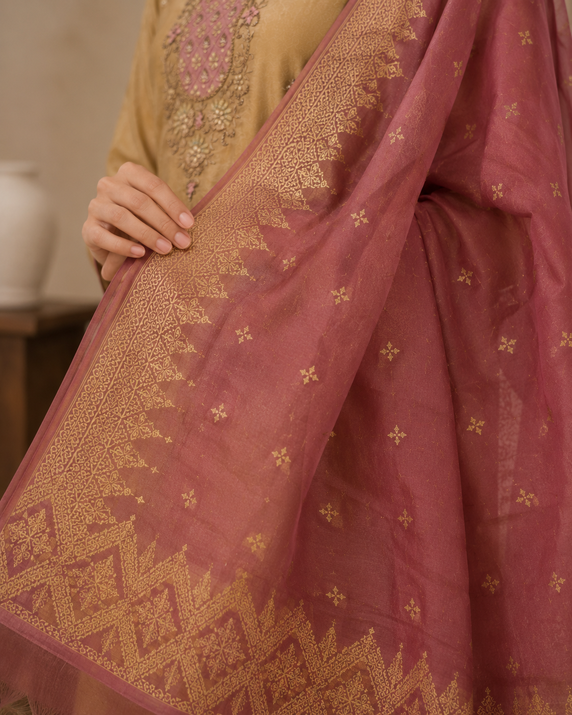 Tissue Handwork Suit Set with Banarasi Dupatta