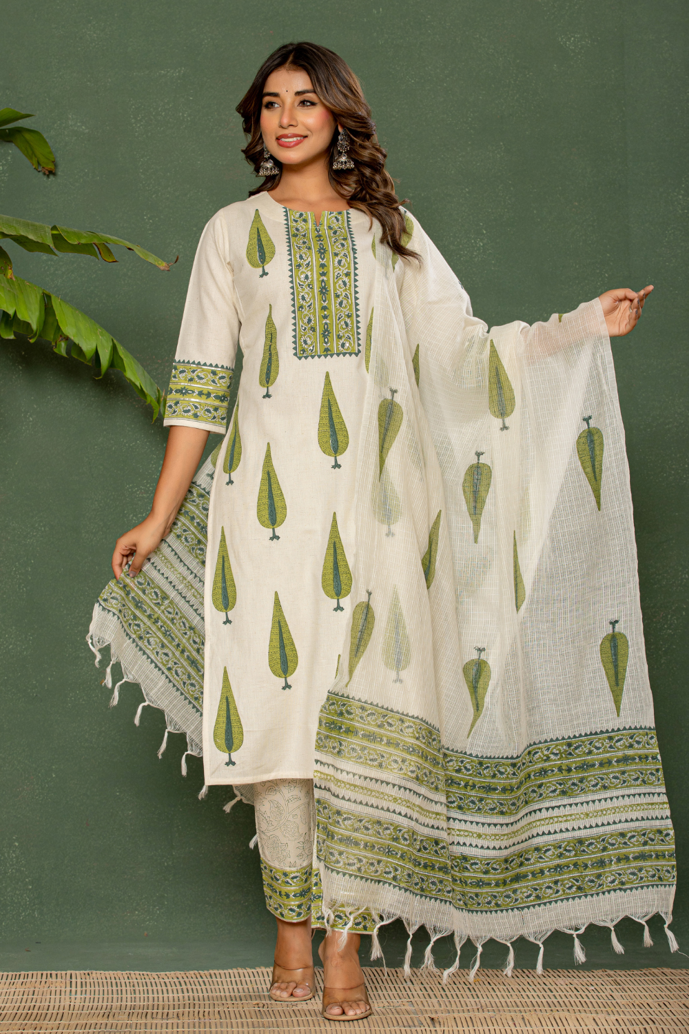 Linen Cotton Suit with Hand Block Print & Kota Doria Dupatta