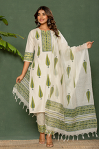 Linen Cotton Suit with Hand Block Print & Kota Doria Dupatta