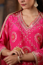Rani Pink Pure Crepe Sharara Set with Intricate Hand Work