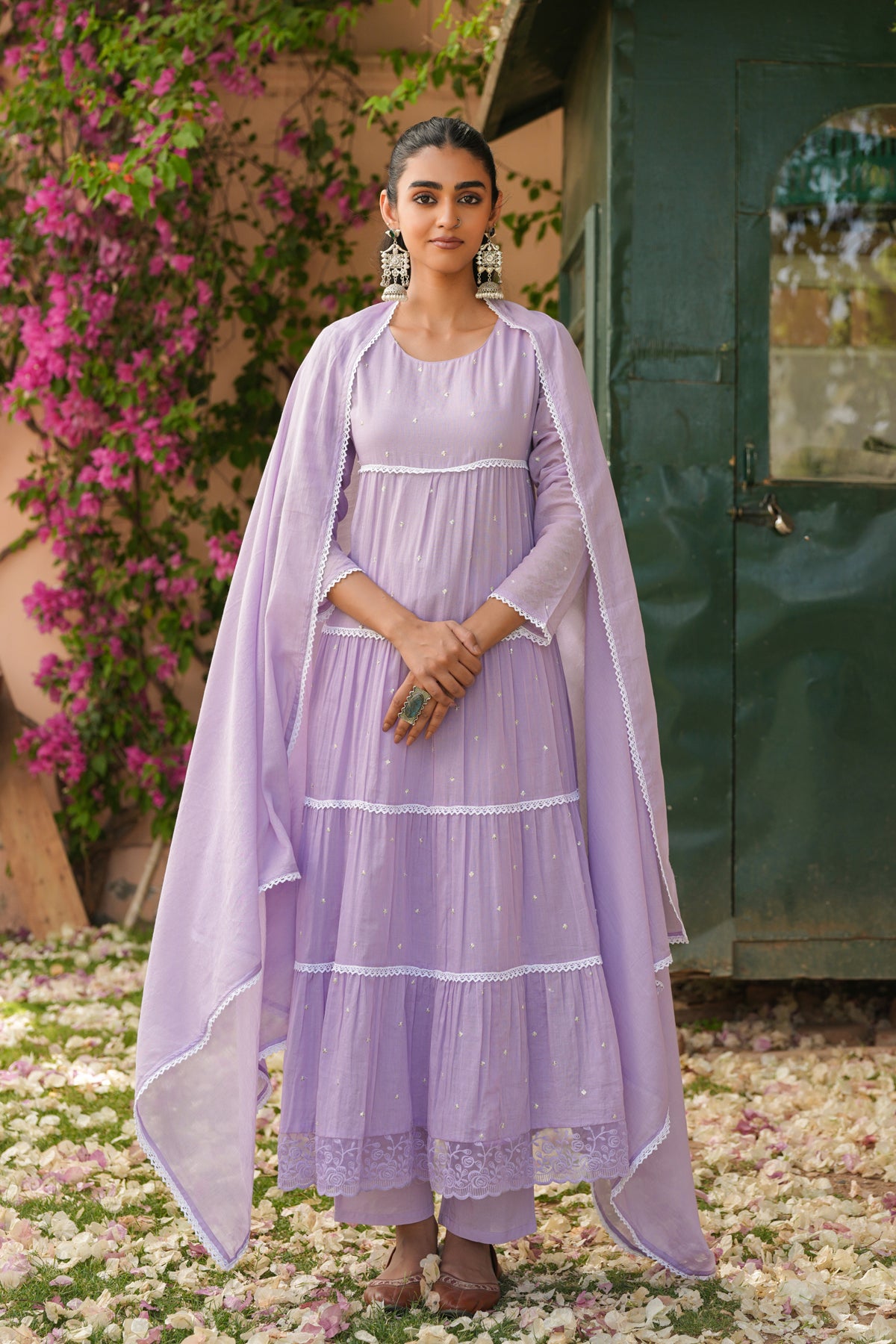 Lavender Mul Cotton Anarkali Suit Set