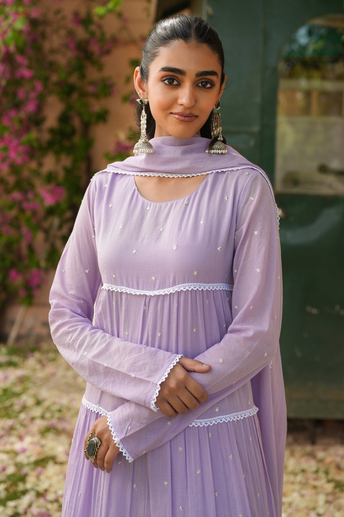 Lavender Mul Cotton Anarkali Suit Set