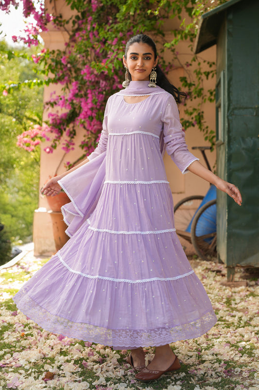 Lavender Mul Cotton Anarkali Suit Set