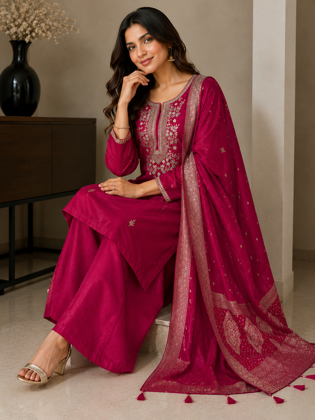 Raw Silk Suit Set with Handwork & Banarasi Dupatta