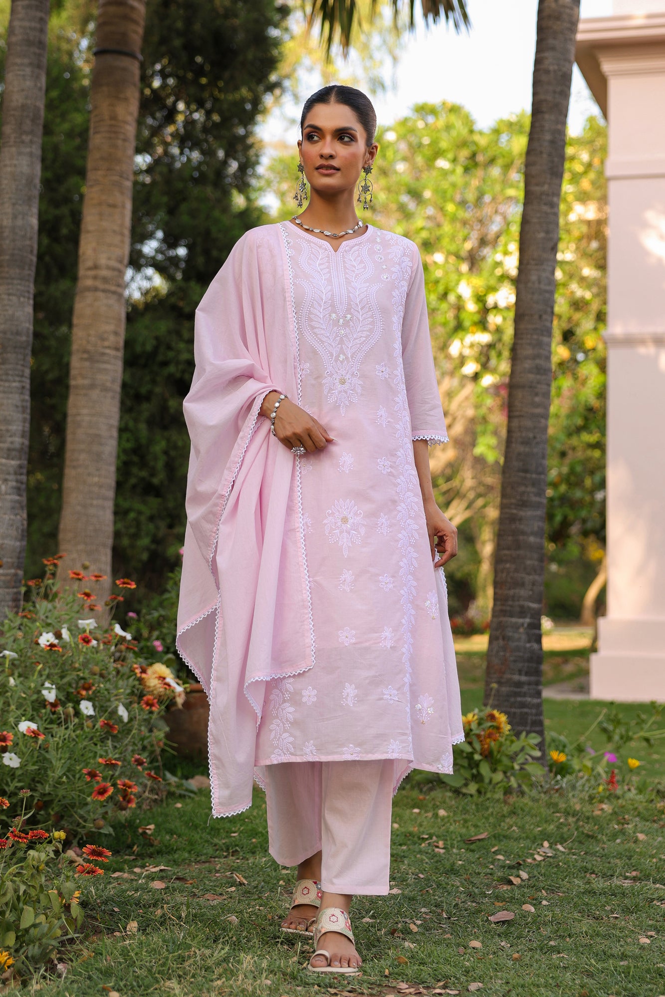 Pink Mul Cotton Suit Set with White Thread Embroidery