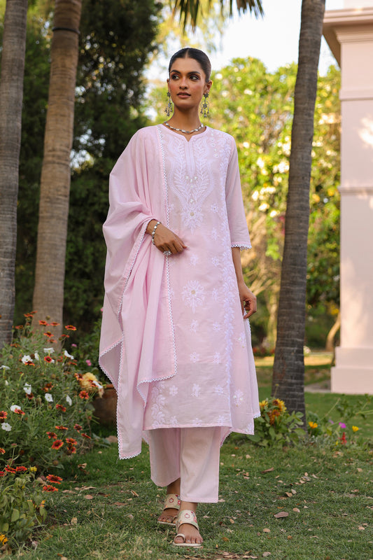 Pink Mul Cotton Suit Set with White Thread Embroidery