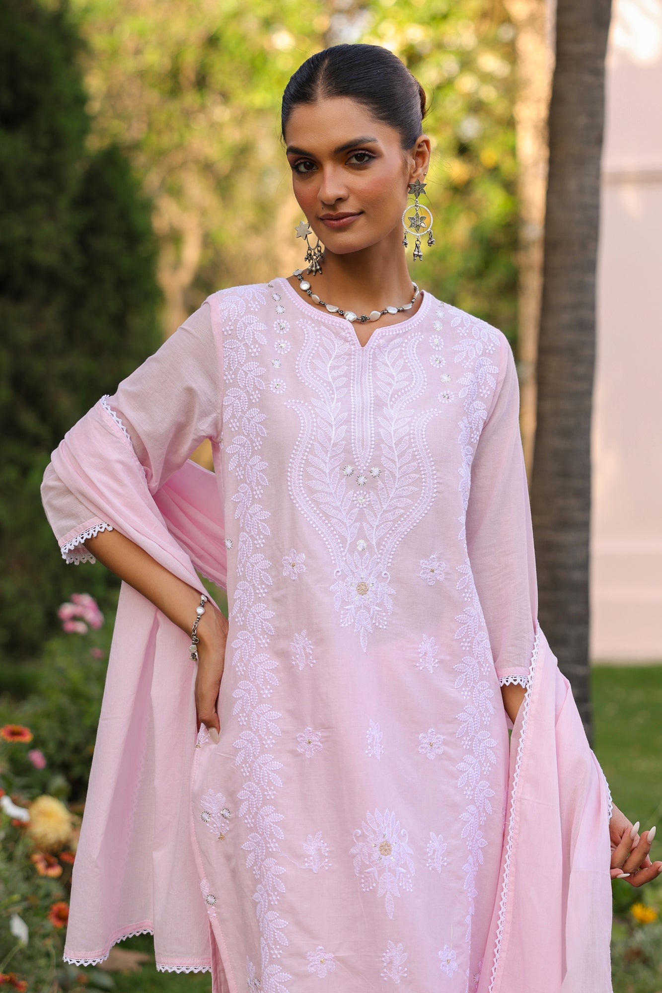 Pink Mul Cotton Suit Set with White Thread Embroidery