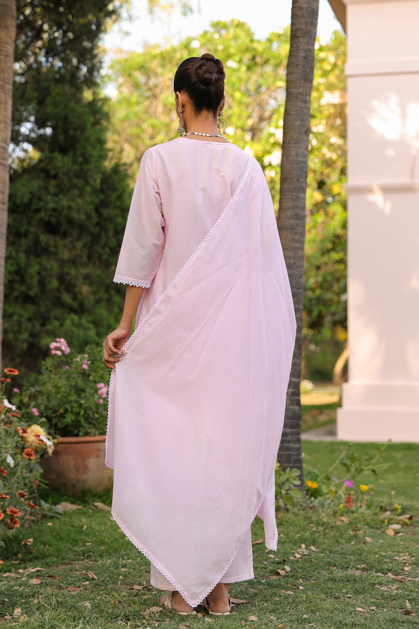 Pink Mul Cotton Suit Set with White Thread Embroidery