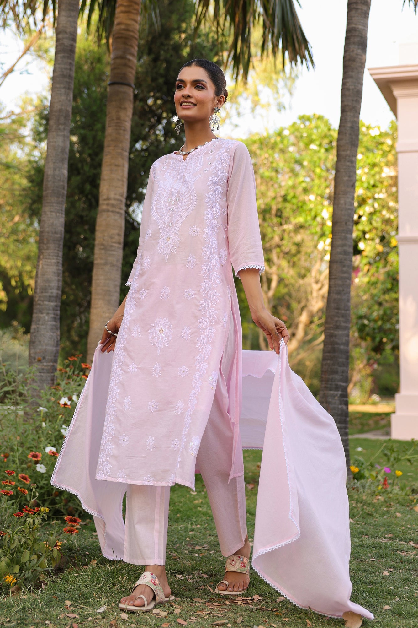 Pink Mul Cotton Suit Set with White Thread Embroidery