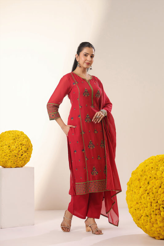 Brick Red Mul Cotton Suit Set with Thread Embroidery