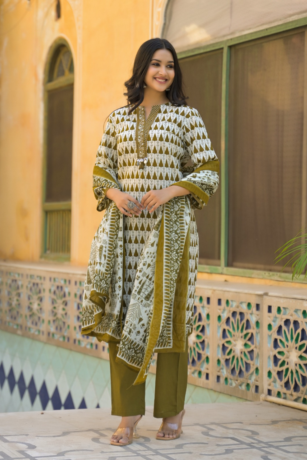 Olive Green Printed Suit with Mal Cotton Dupatta