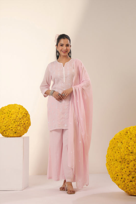 Pink Mul Cotton Suit with Embroidery & Kali Palazzo
