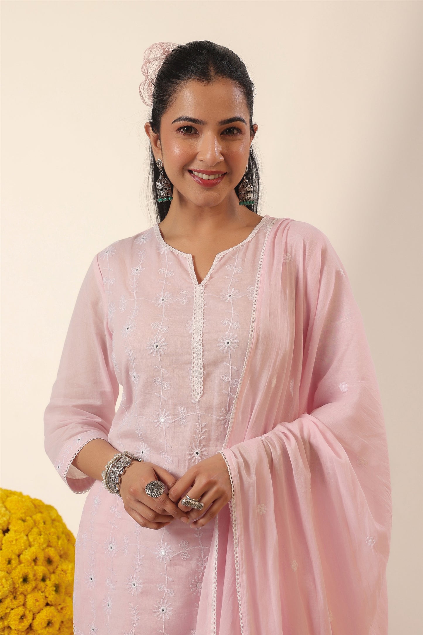 Pink Mul Cotton Suit with Embroidery & Kali Palazzo